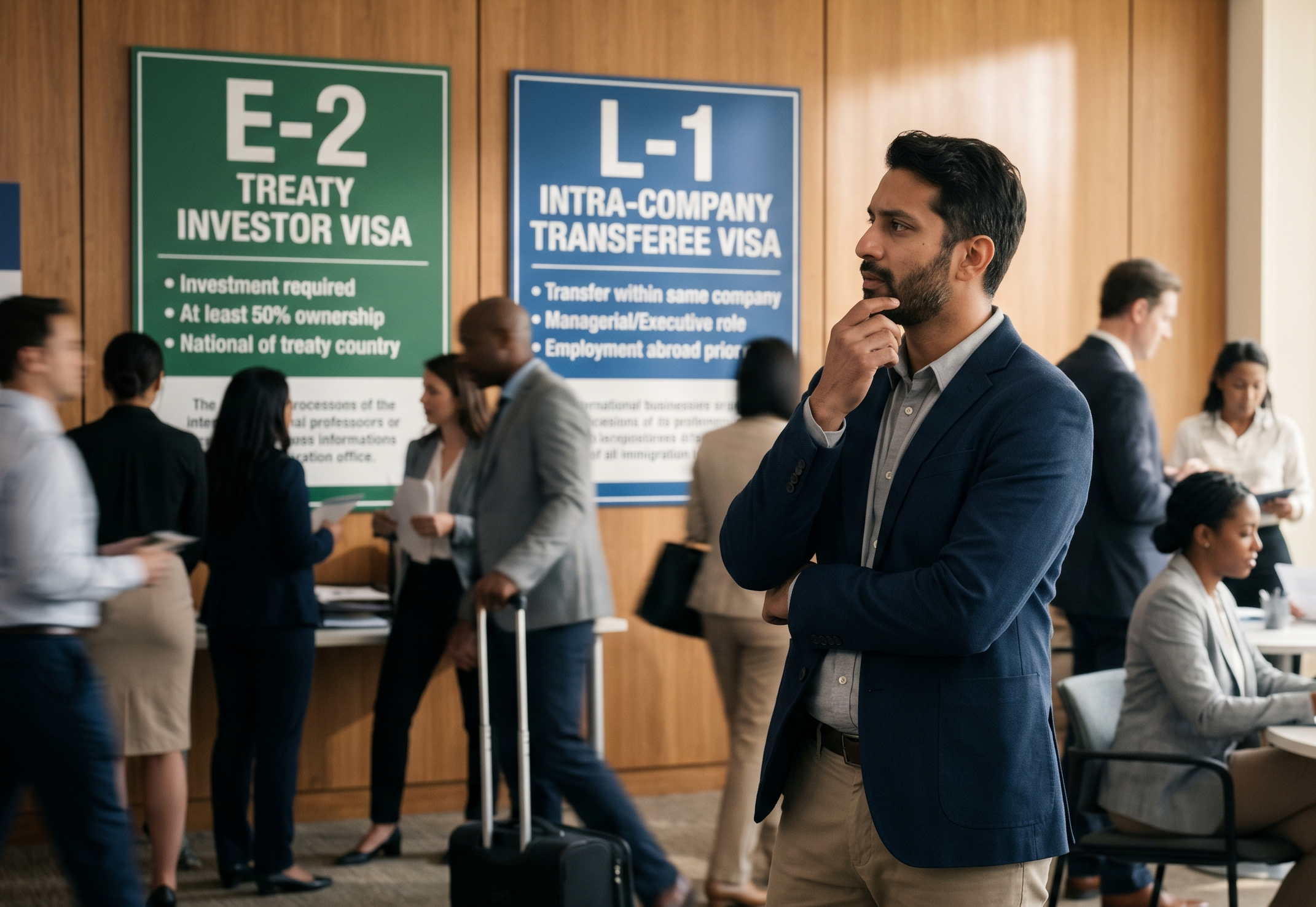 Founder reviewing L-1A and E-2 visa options for U.S. business expansion in 2026